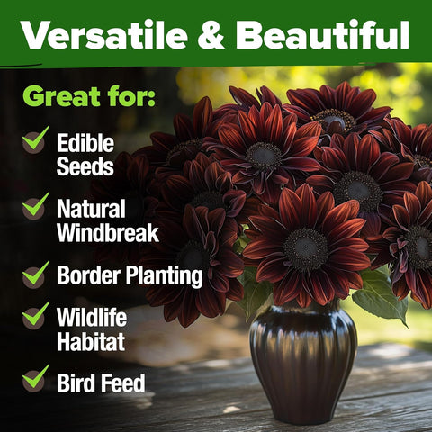 Chocolate Cherry Sunflower Seeds – 75 Seed Count | Deep Burgundy Blooms, Fast-Growing, Pollinator-Friendly, Edible Seeds & Easy Garden Showstopper
