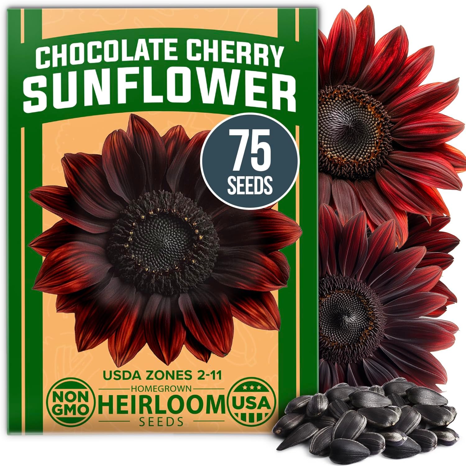 Chocolate Cherry Sunflower Seeds – 75 Seed Count | Deep Burgundy Blooms, Fast-Growing, Pollinator-Friendly, Edible Seeds & Easy Garden Showstopper