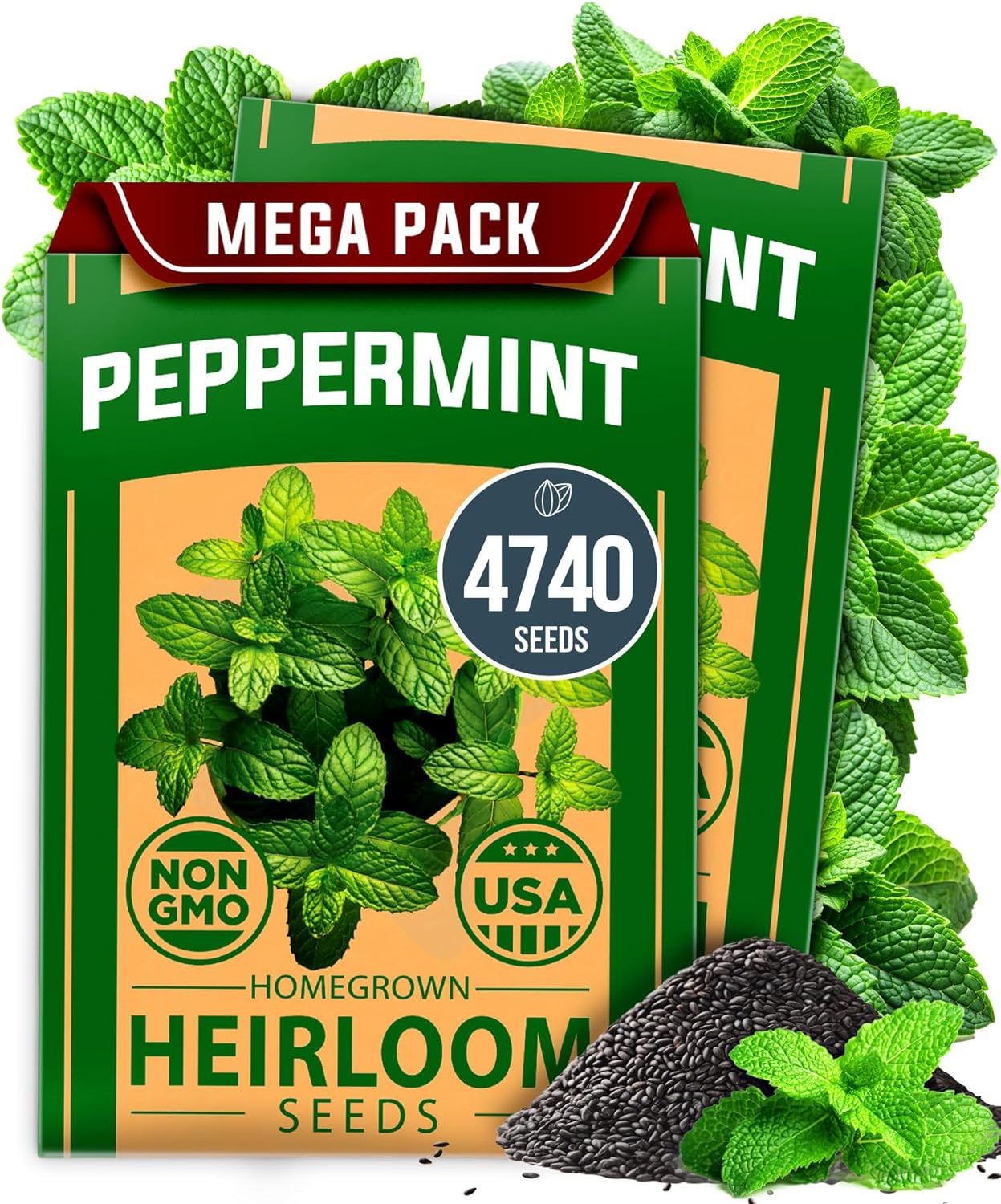Peppermint Seeds (4,740 Seeds, 2-Pack) – Non-GMO, USA-Grown, High-Germination Herb for Tea, Cooking & Wellness