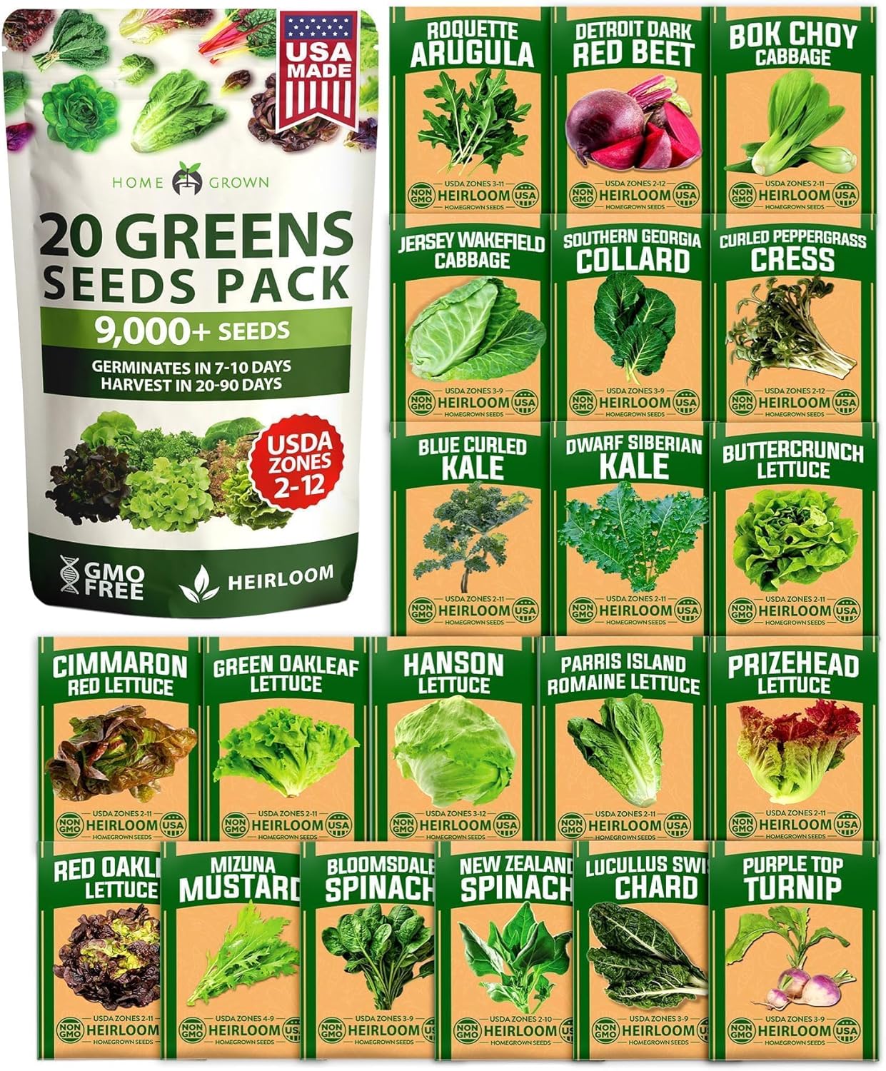 20-Variety Lettuce Seed Pack – 21,600+ Non-GMO Heirloom Salad Greens for Indoor & Outdoor Growing