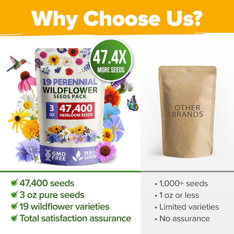 47,400+ Wildflower Seeds Mix – 19 Non-GMO Perennial & Annual Varieties for Pollinator Gardens
