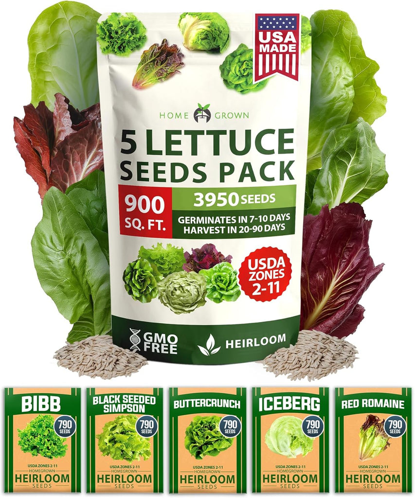 Lettuce Seed Pack – 3950 Non-GMO Heirloom Seeds (5 Salad Varieties)