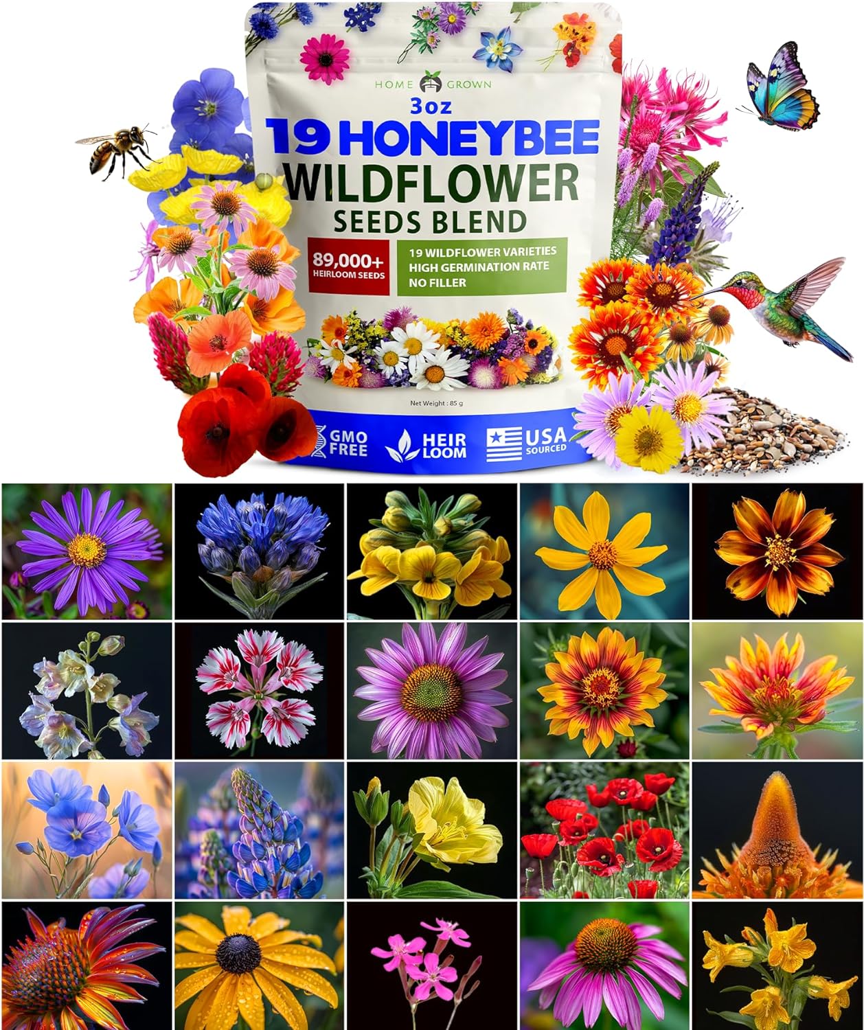 HOME GROWN Wildflower Seeds (3oz) 89,000+ Flower Seed Mix | No Filler