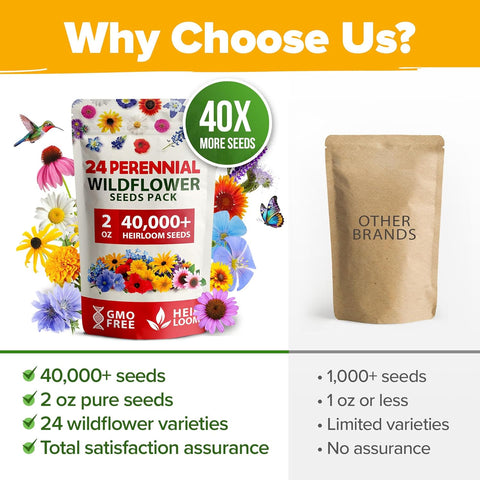 60,600+ Perennial Wildflower Seeds Mix – 24 Non-GMO Varieties for Pollinators & Gardens