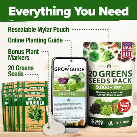 20-Variety Lettuce Seed Pack – 21,600+ Non-GMO Heirloom Salad Greens for Indoor & Outdoor Growing