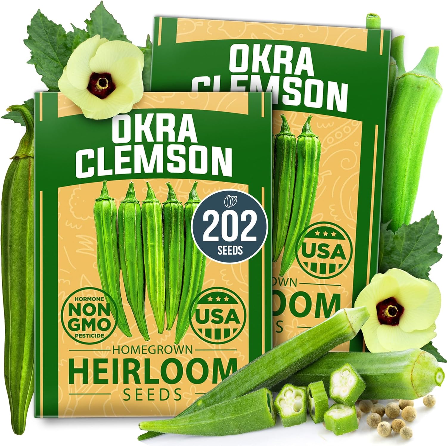 Clemson Spineless Okra Seeds 2 Pack - 202 Non-GMO Seeds