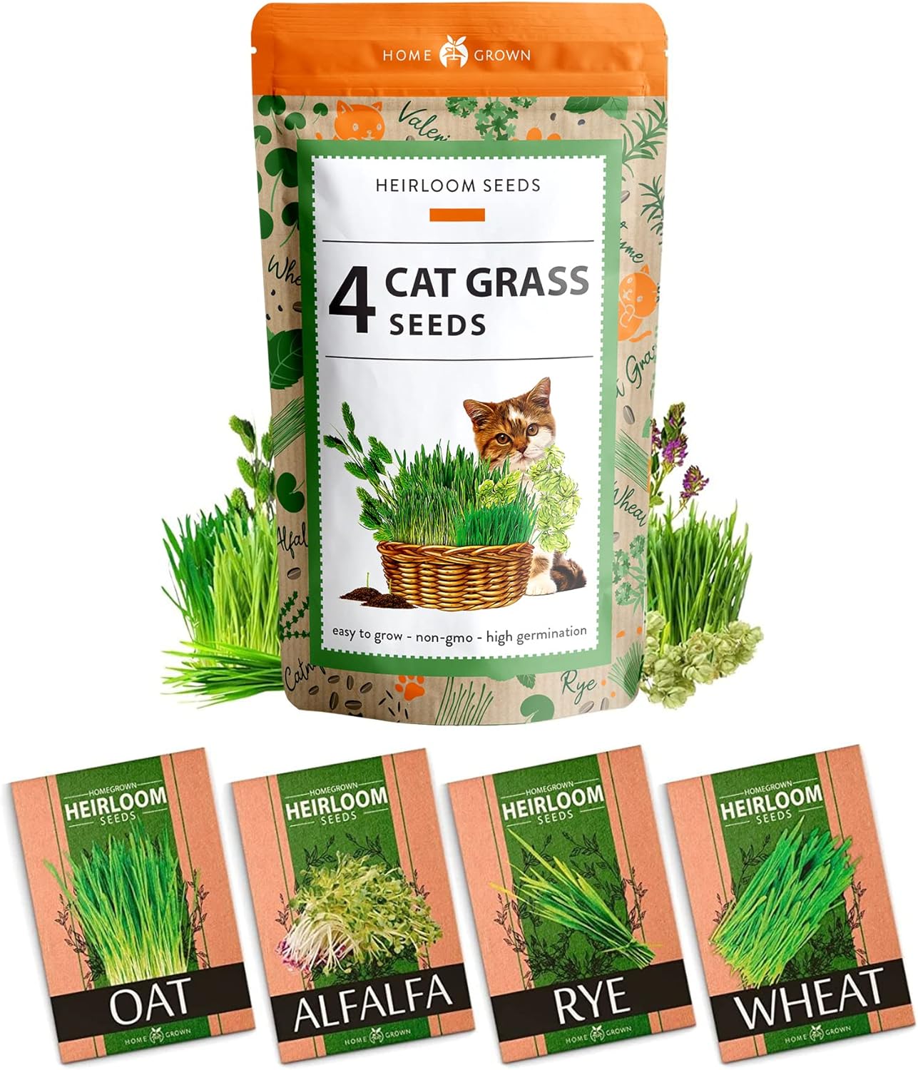 HOME GROWN 28,000+ Cat Grass Seeds (4oz) NON-GMO USA-SOURCED Oat & Barley Mix – Indoor Cat Grass Refill Kit – Digestive Green Grass
