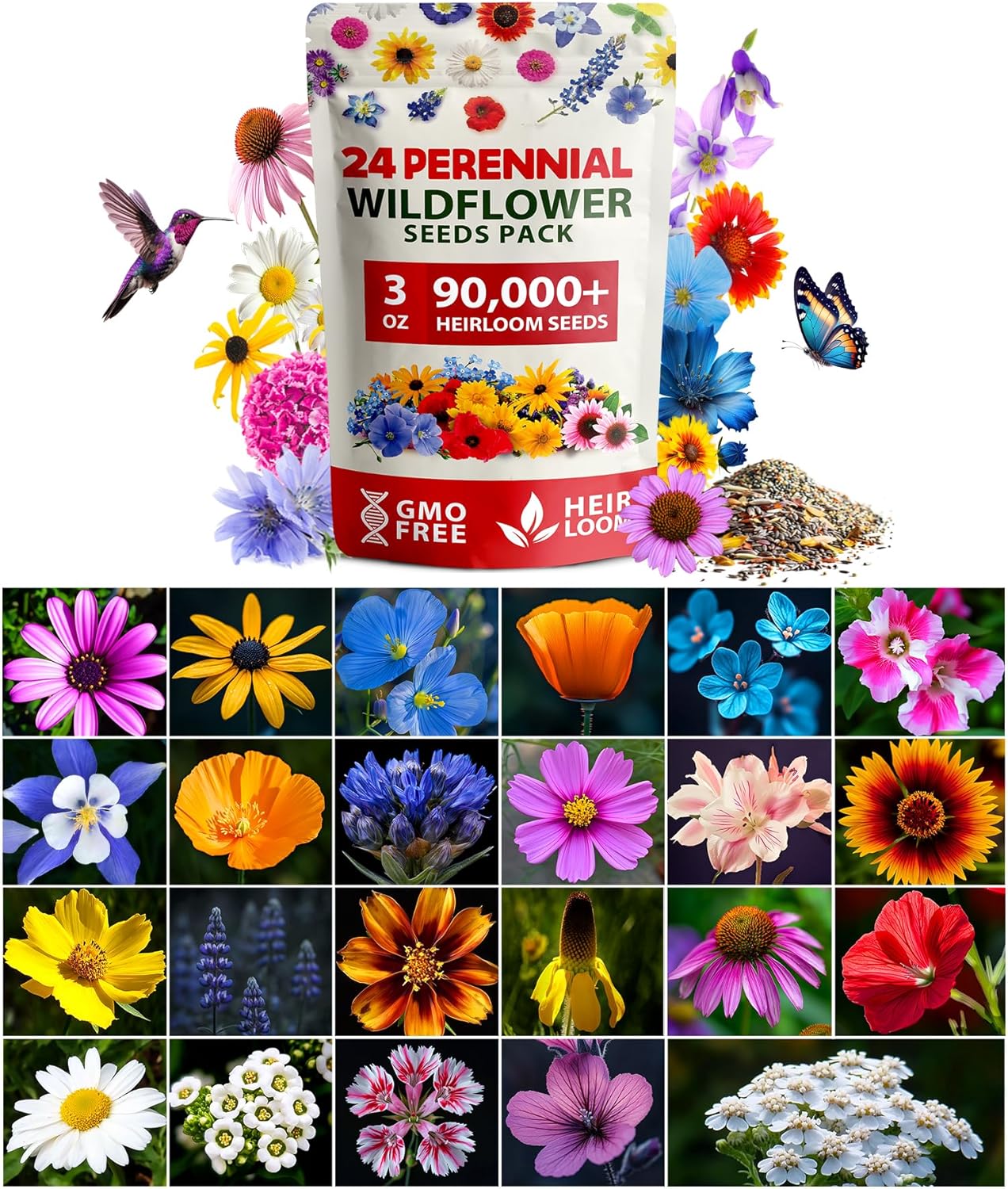 24-Variety Perennial Wildflower Mix – 90,000+ Non-GMO Seeds for Pollinators (3oz)