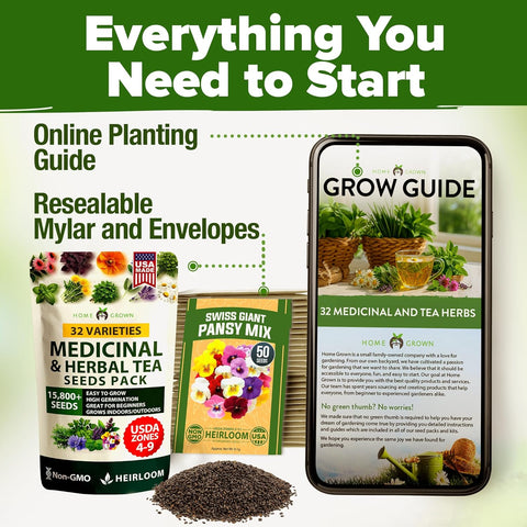 HOME GROWN Medicinal Herb Seeds Variety Pack – 32 Non-GMO Heirloom Herbs for Tea & Wellness, Indoor & Outdoor Garden Kit