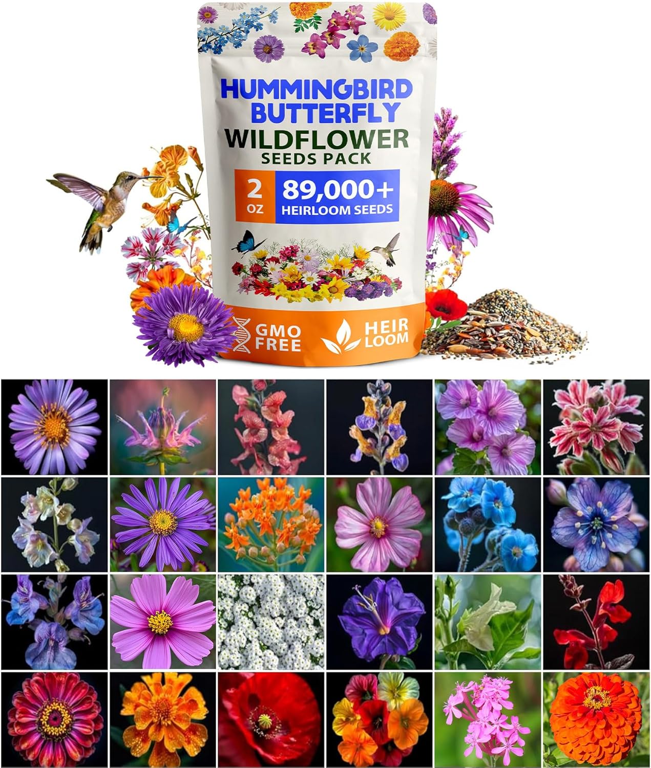 89,000+ Wildflower Seeds Mix – 23 Non-GMO Varieties for Pollinators & Perennial Gardens