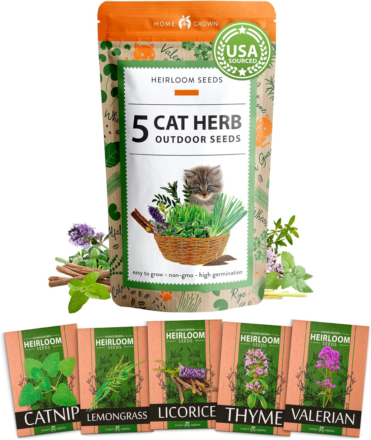 5 Cat Herb Outdoor Seed Pack - 2100+ Cat Grass Seeds