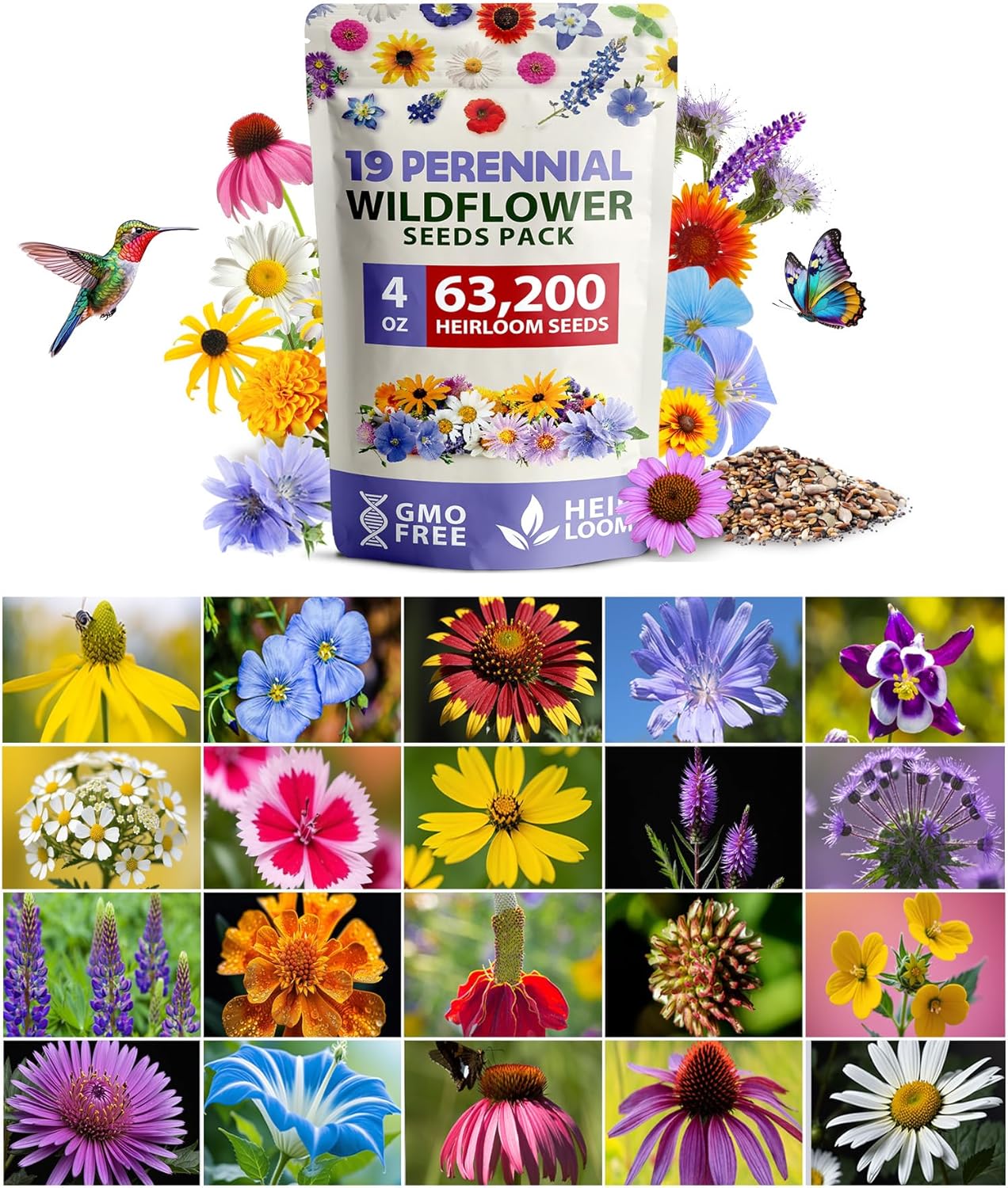 63,200+ Wildflower Seeds Mix – 19-Variety Non-GMO Perennial Pollinator Garden Blend