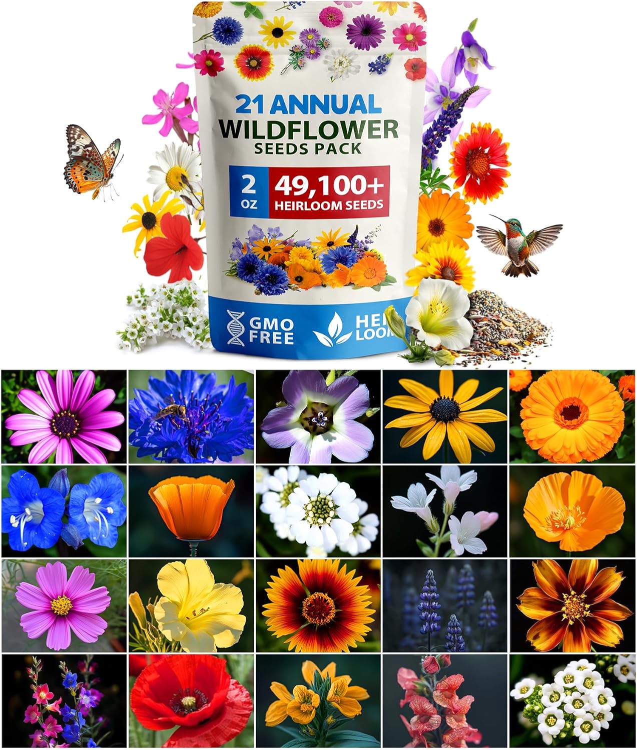 Wildflower Seed Mix (21 Varieties, 49,100+ Seeds, Covers 250 Sq Ft) – Non-GMO Pollinator Blend