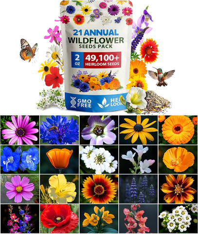 Wildflower Seed Mix (21 Varieties, 49,100+ Seeds, Covers 250 Sq Ft) – Non-GMO Pollinator Blend