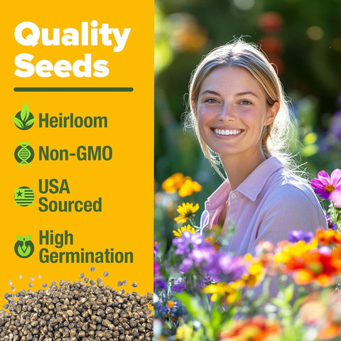 Wildflower Seed Mix (21 Varieties, 49,100+ Seeds, Covers 250 Sq Ft) – Non-GMO Pollinator Blend