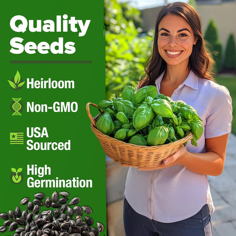 Genovese Basil Seeds – 1750 Non-GMO Heirloom Herb Seeds for Indoor & Outdoor Growing