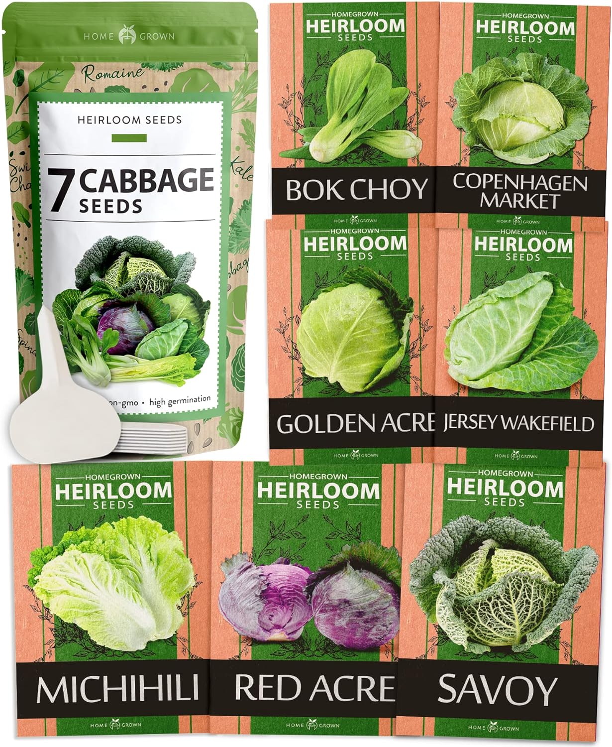 cabbage seeds for planting 7 Varieties Heirloom Cabbage Seeds, 2000+ ct, USA