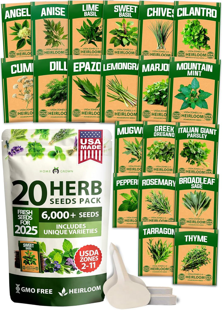 20 Herb Seed Variety Pack – 6000+ Non-GMO Culinary & Medicinal Seeds + 20 Plant Markers