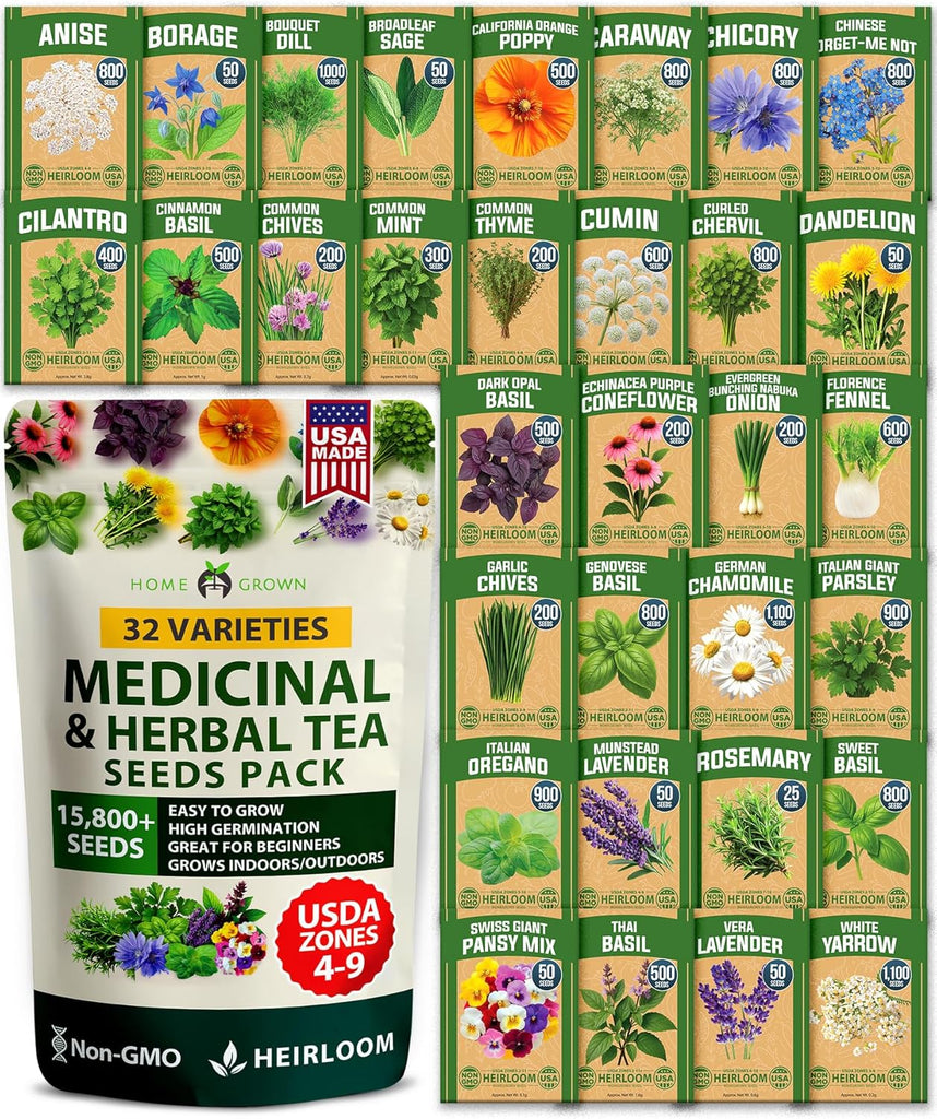 HOME GROWN Medicinal Herb Seeds Variety Pack – 32 Non-GMO Heirloom Herbs for Tea & Wellness, Indoor & Outdoor Garden Kit