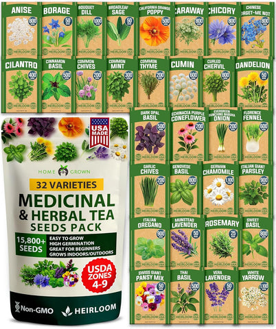 HOME GROWN Medicinal Herb Seeds Variety Pack – 32 Non-GMO Heirloom Herbs for Tea & Wellness, Indoor & Outdoor Garden Kit
