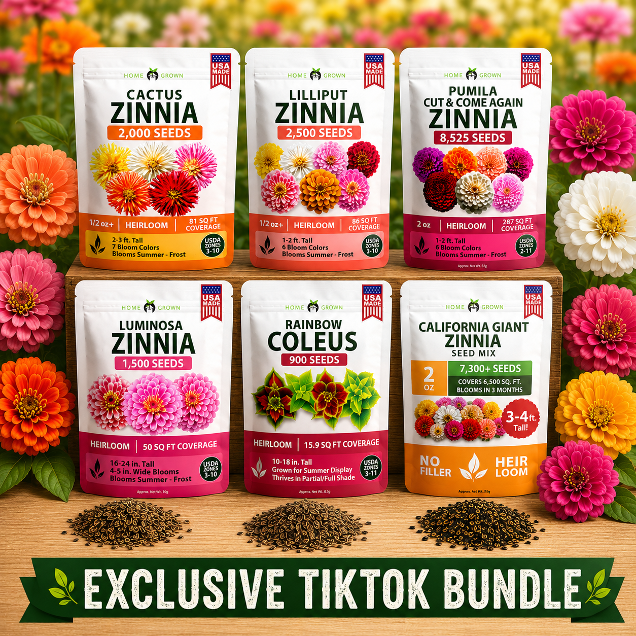 Zinnia Flower Seeds Variety Collection - California Giant, Cactus Mix, Lilliput, Pumila Cut & Come Again, Luminosa, Envy for Garden Planting
