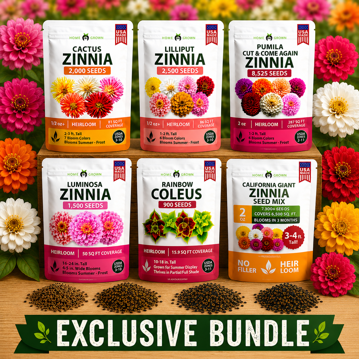 Zinnia Flower Seeds Variety Collection - California Giant, Cactus Mix, Lilliput, Pumila Cut & Come Again, Luminosa, Envy for Garden Planting