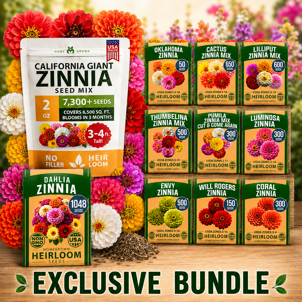 Zinnia Flower Seed Variety Collection – California Giant, Dahlia Mix, Oklahoma, Cactus, Lilliput, Thumbelina, Pumila Cut & Come Again, Luminosa, Envy, Will Rogers, Coral Garden Seeds