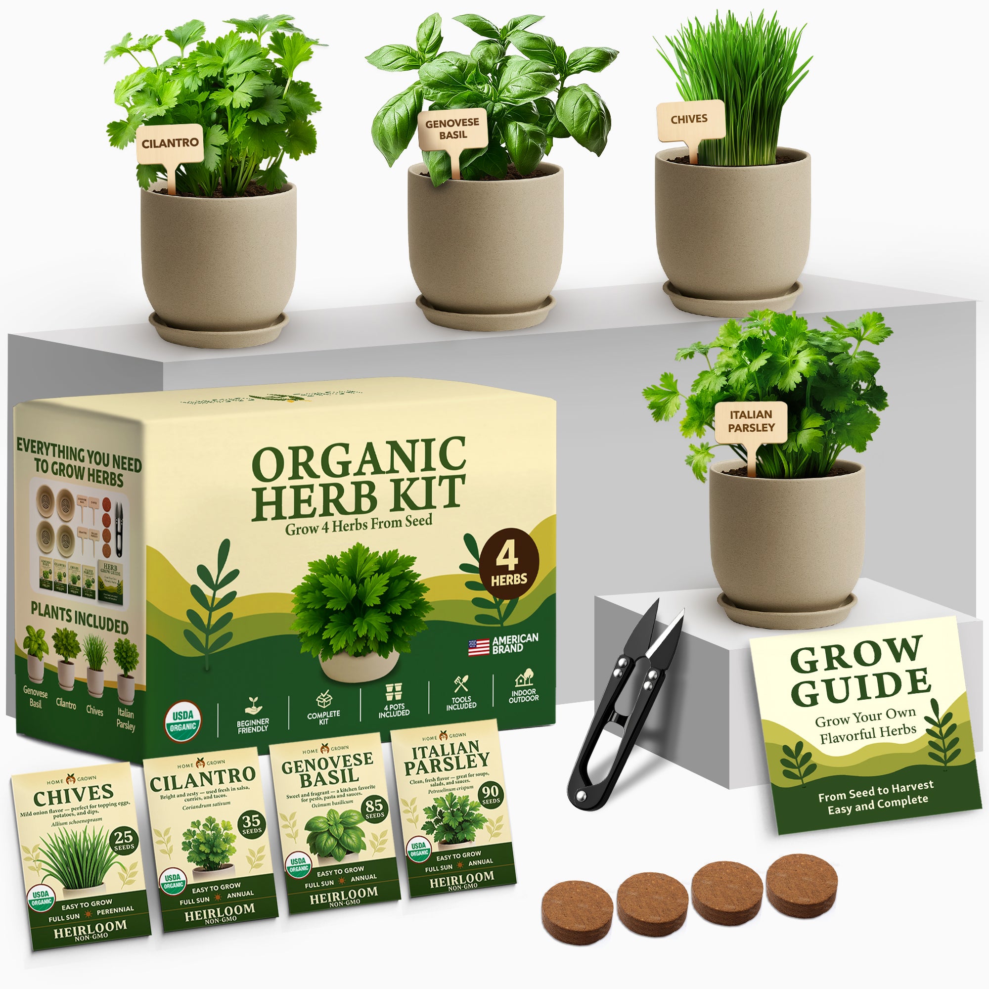 Organic Indoor Herb Garden Kit – Non-GMO Basil, Parsley, Cilantro & Thyme Grow Set with Pots, Soil, Tools & Guide