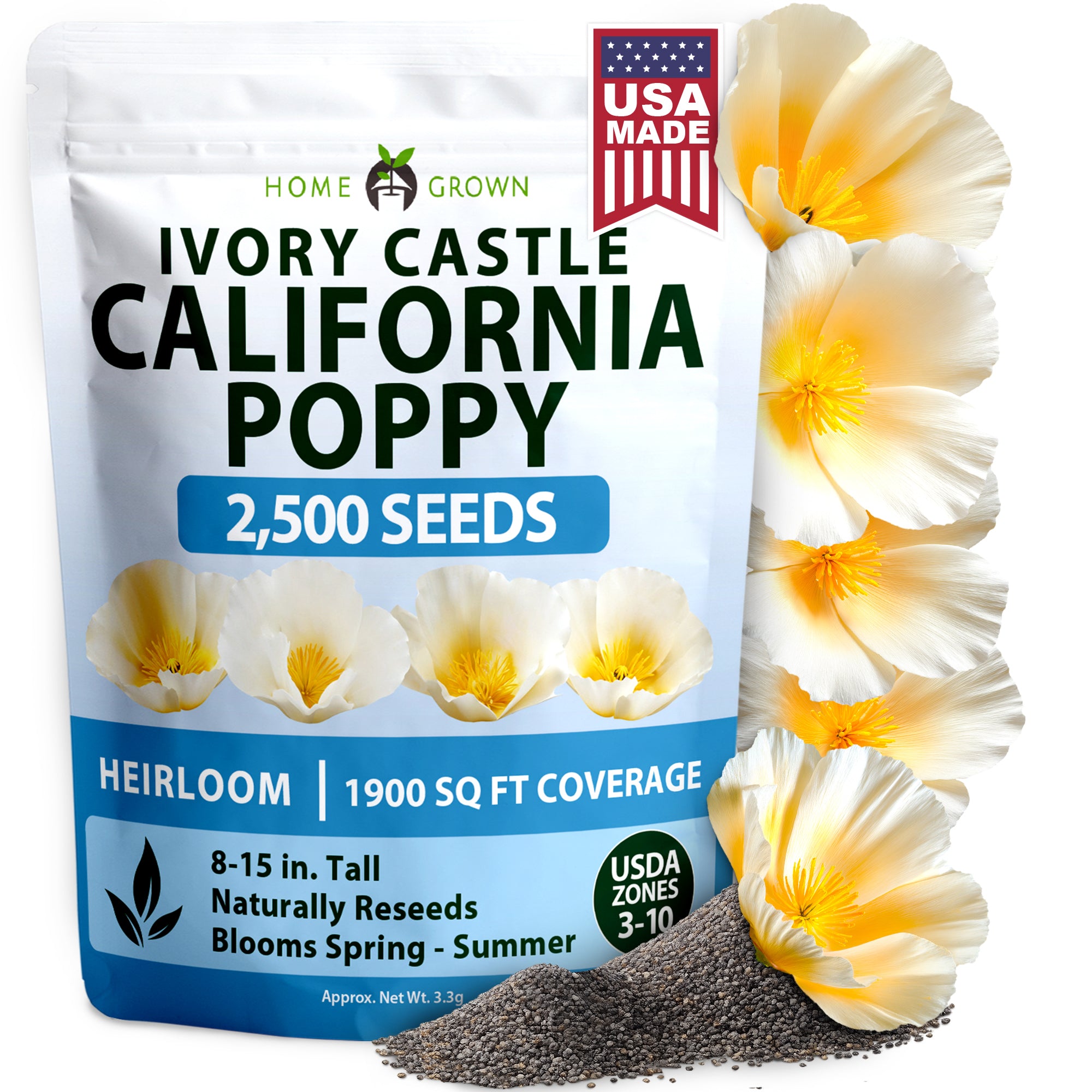 Home Grown California Poppy Ivory Castle – 2500 Seeds (3.3g), Spring 2026  Flower Seeds for Planting, Bulk Self-Seeding Blooms (Eschscholzia 