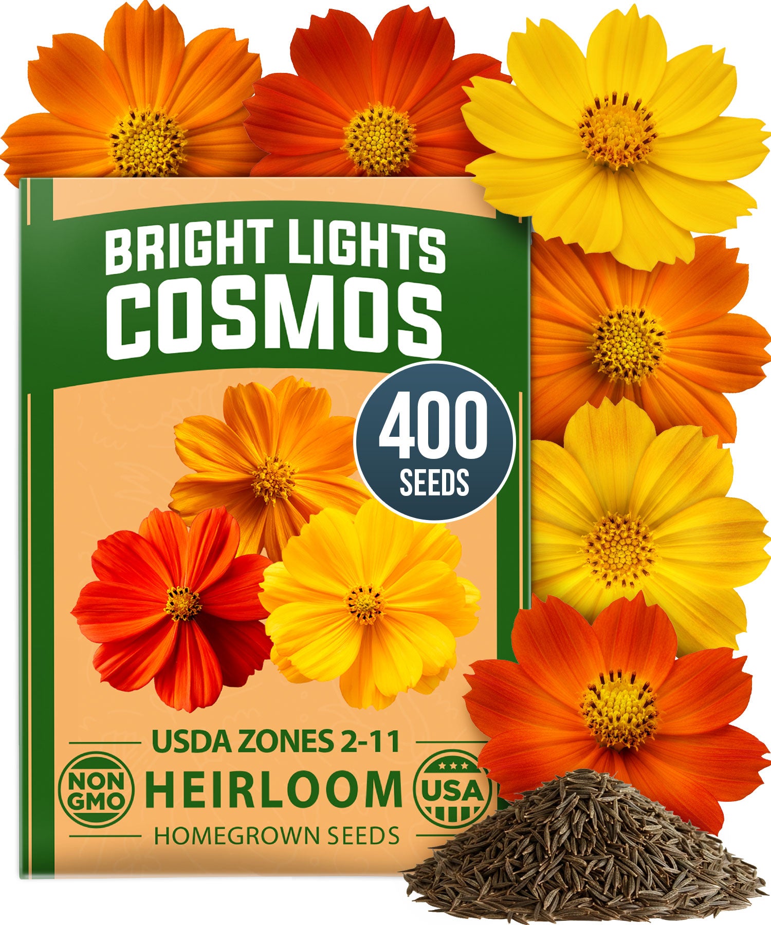 HOME GROWN Cosmos Bright Lights Mix Seeds – 400 Seeds for Spring 2026, Cosmos sulphureus, Easy Grow Outdoor Wildflower Mix