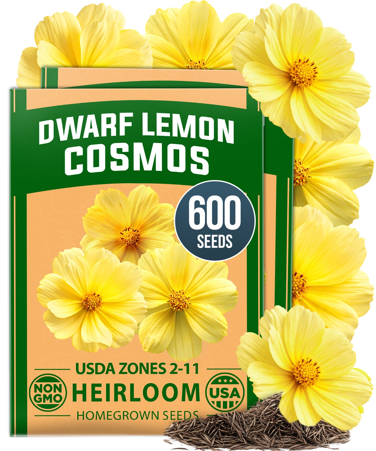 HOME GROWN Cosmos ‘Dwarf Lemon’ Seeds – 600 Dwarf Yellow Cosmos, Heat Tolerant Annual Flower Seeds for Outdoor Gardens (0.2g)
