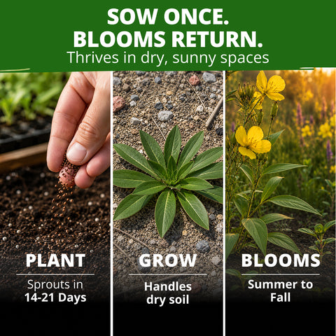 HOME GROWN Evening Primrose Seeds – 575 Heirloom Non-GMO Seeds (0.3g), Oenothera lamarckiana, Yellow Wildflowers for Pollinator Gardens, Zones 4–9