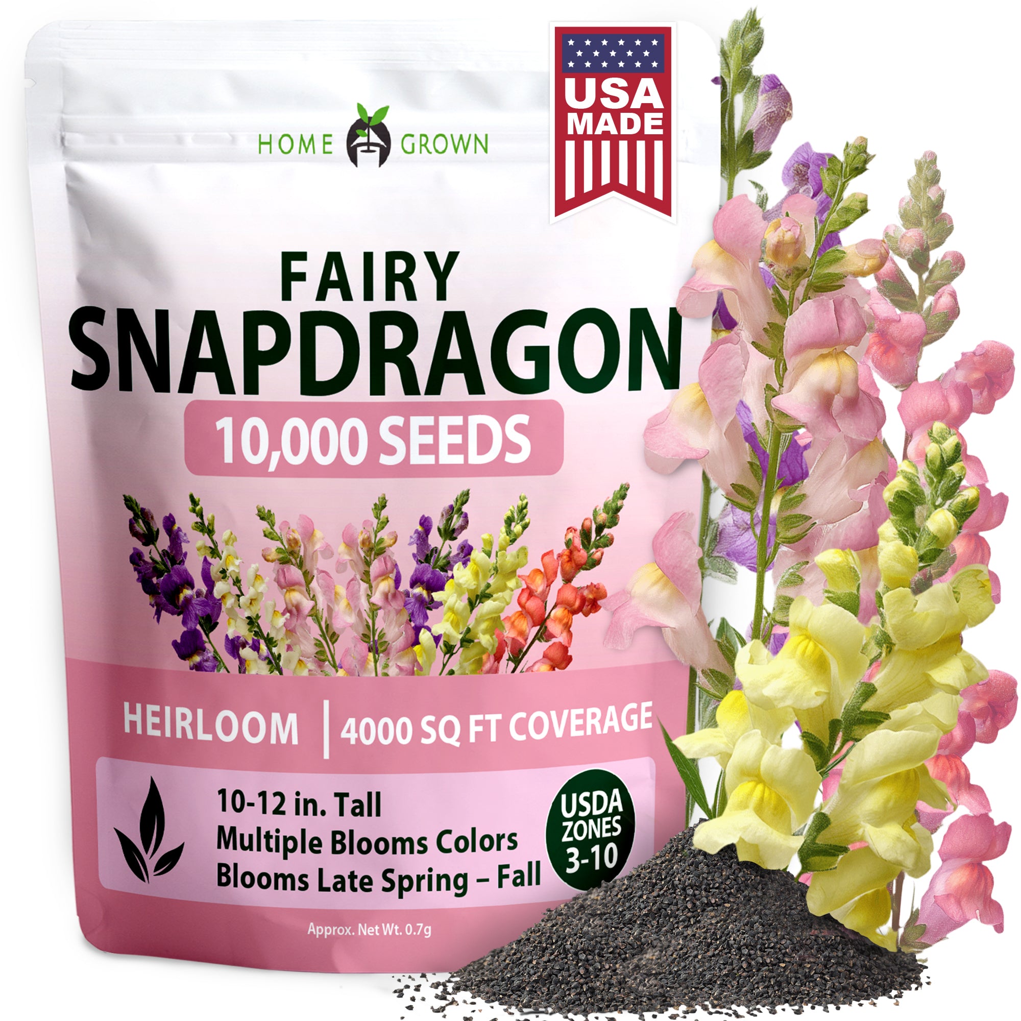 HOME GROWN Snapdragon Fairy Seeds – 10,000 Seeds for Spring 2026, Dwarf Long-Bloom Flowers for Garden Beds, Pollinator-Friendly Plants