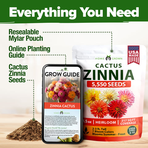 HOME GROWN Zinnia Cactus Mix Seeds - 5550 Flower Seeds for Spring Planting Outdoors 2026, Large Zinnia Flower Seed, Easy Gro…
