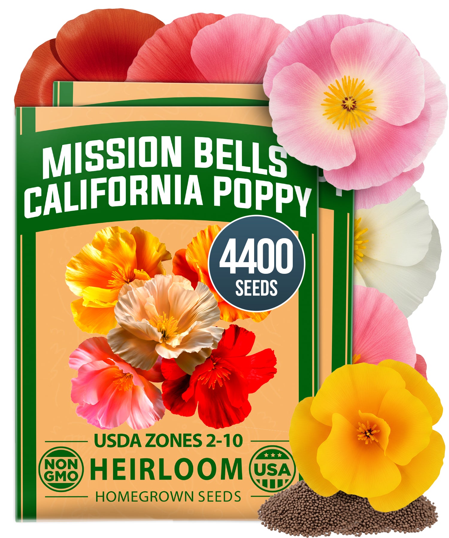 HOME GROWN California Poppy 'Mission Bells' Flower Seeds (Eschscholzia californica) – 4400 Heirloom Non-GMO Seeds, Six-Color Mix, Pollinator-Friendly, Heat & Drought Tolerant, Spring 2026 Planting
