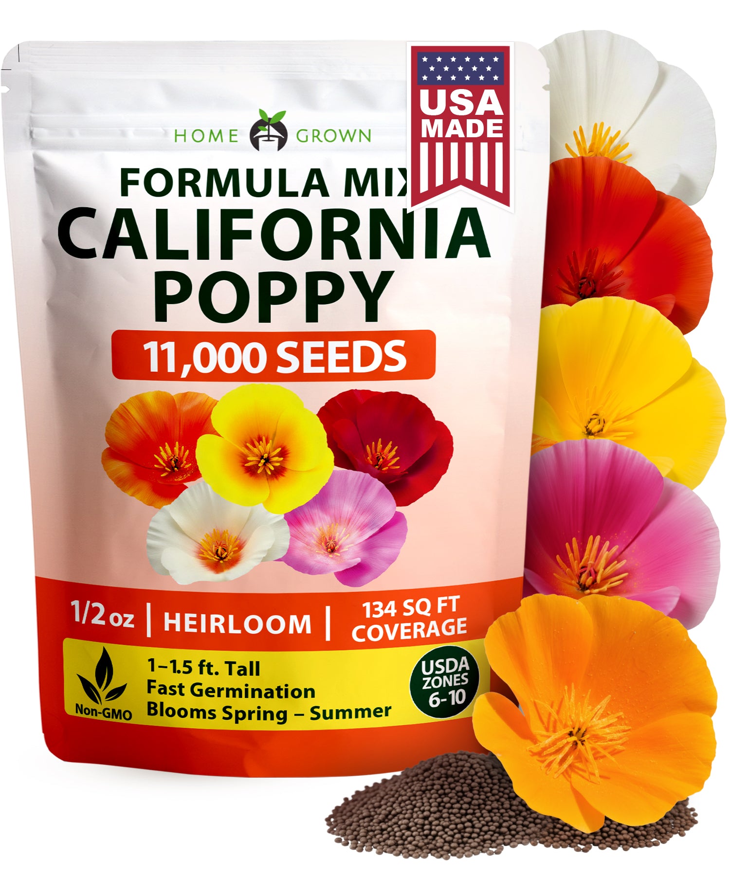 HOME GROWN California Poppy Formula Mix – 11,000 Seeds (1.3g), Spring 2026 Flower Seeds, Eschscholzia californica, Bulk Wildflower Poppy Seeds