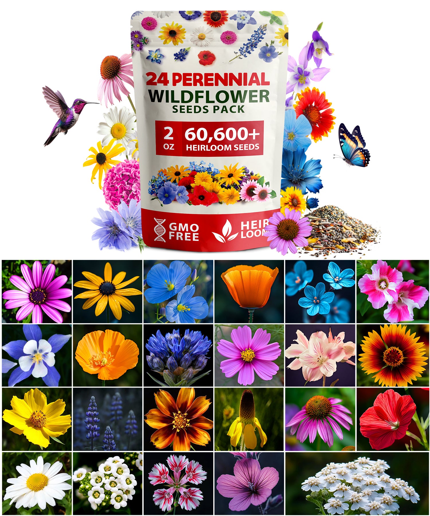 60,600+ Perennial Wildflower Seeds Mix – 24 Non-GMO Varieties for Pollinators & Gardens