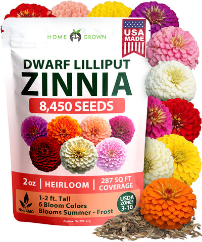 HOME GROWN Lilliput Mix Zinnia Seeds for Planting 8450 Seeds 57g Heirloom Non GMO Double Dwarf Pompon Blooms for Containers Borders Cut Flowers Pollinator Gardens Zinnia elegans
