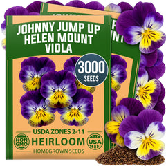 HOME GROWN Johnny Jump Up Seeds (Viola tricolor 'Helen Mount') – 3000 Seeds (0.9g), Heirloom Non-GMO Tricolor Flower Seeds, Purple Yellow White Cottage Garden Blooms