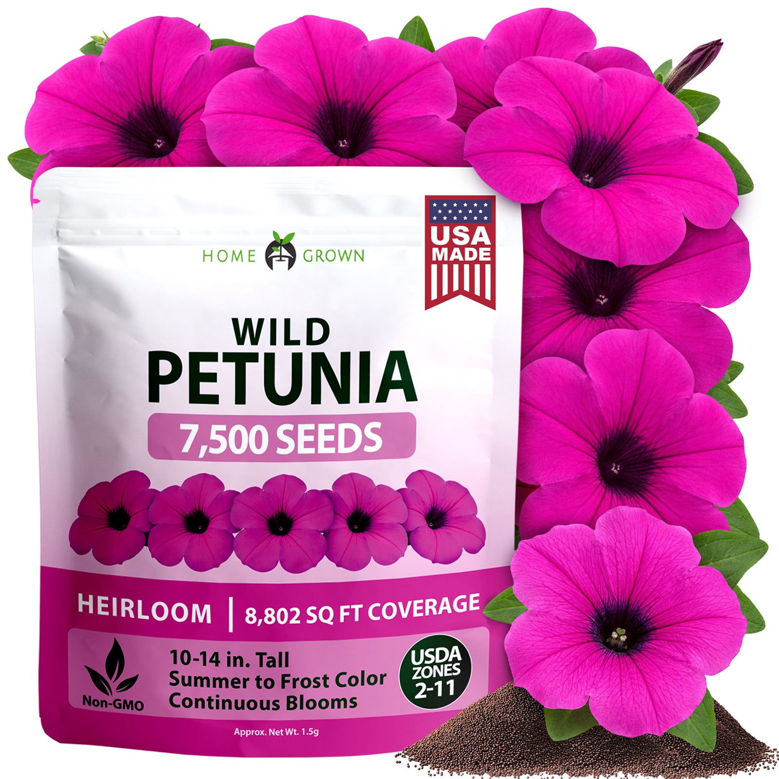 HOME GROWN Wild Petunia Flower Seeds – 7,500 Heirloom Non-GMO Seeds, Petunia violacea, Violet Purple Trumpet Blooms for Planting, Containers, Baskets & Borders