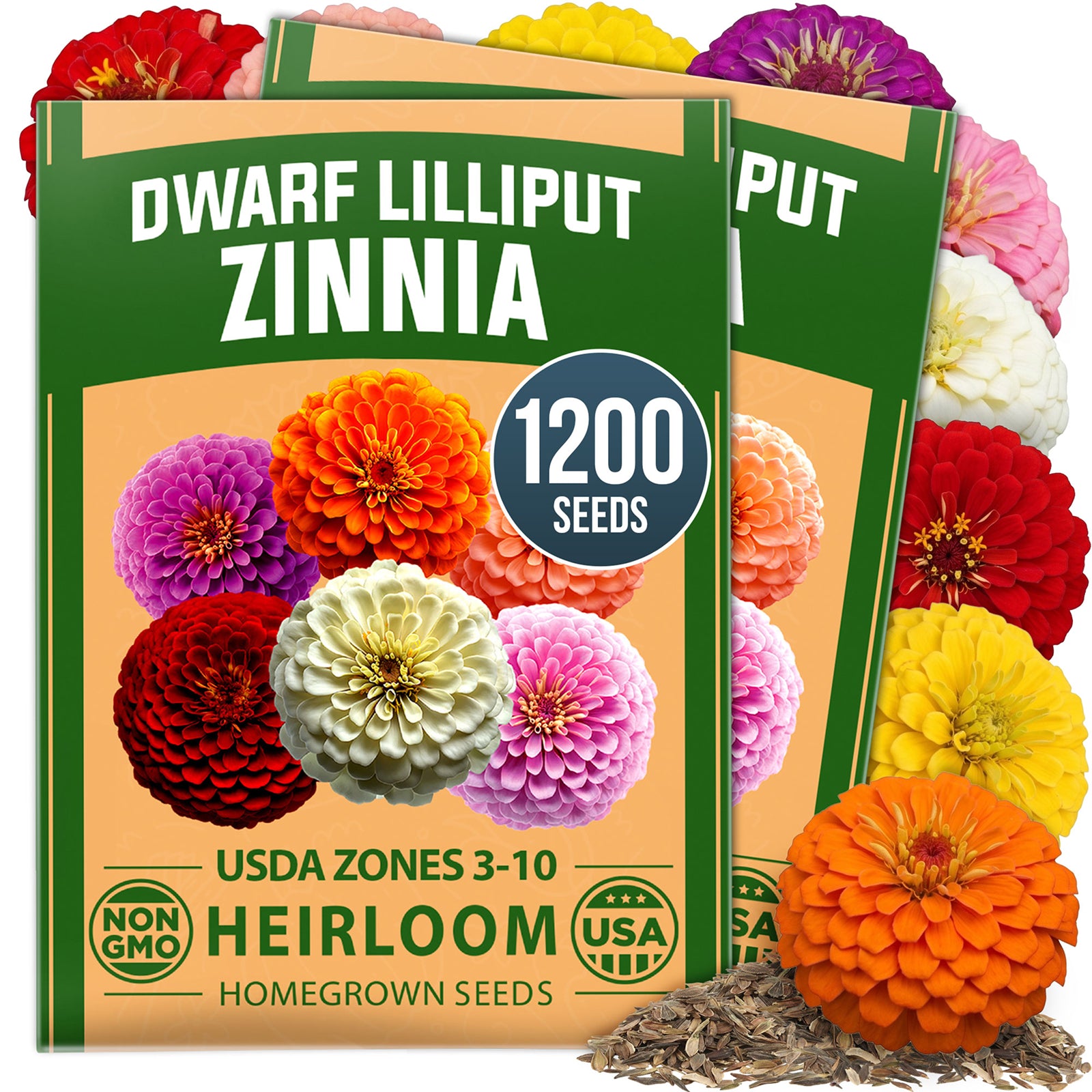 HOME GROWN Zinnia Lilliput Flower Seeds – 1,200 Seeds, Zinnia elegans, Heirloom Non-GMO Double Blooms, Compact 18–24 Inch Plants, Pollinator & Cut Flowers