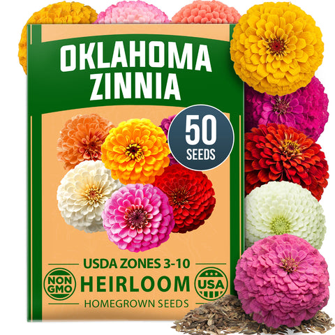 HOME GROWN Oklahoma Zinnia Seeds – 50 Heirloom Non-GMO Seeds (0.5g), Mixed Color Cut Flowers for Spring 2026, Zinnia elegans, Zones 3–10