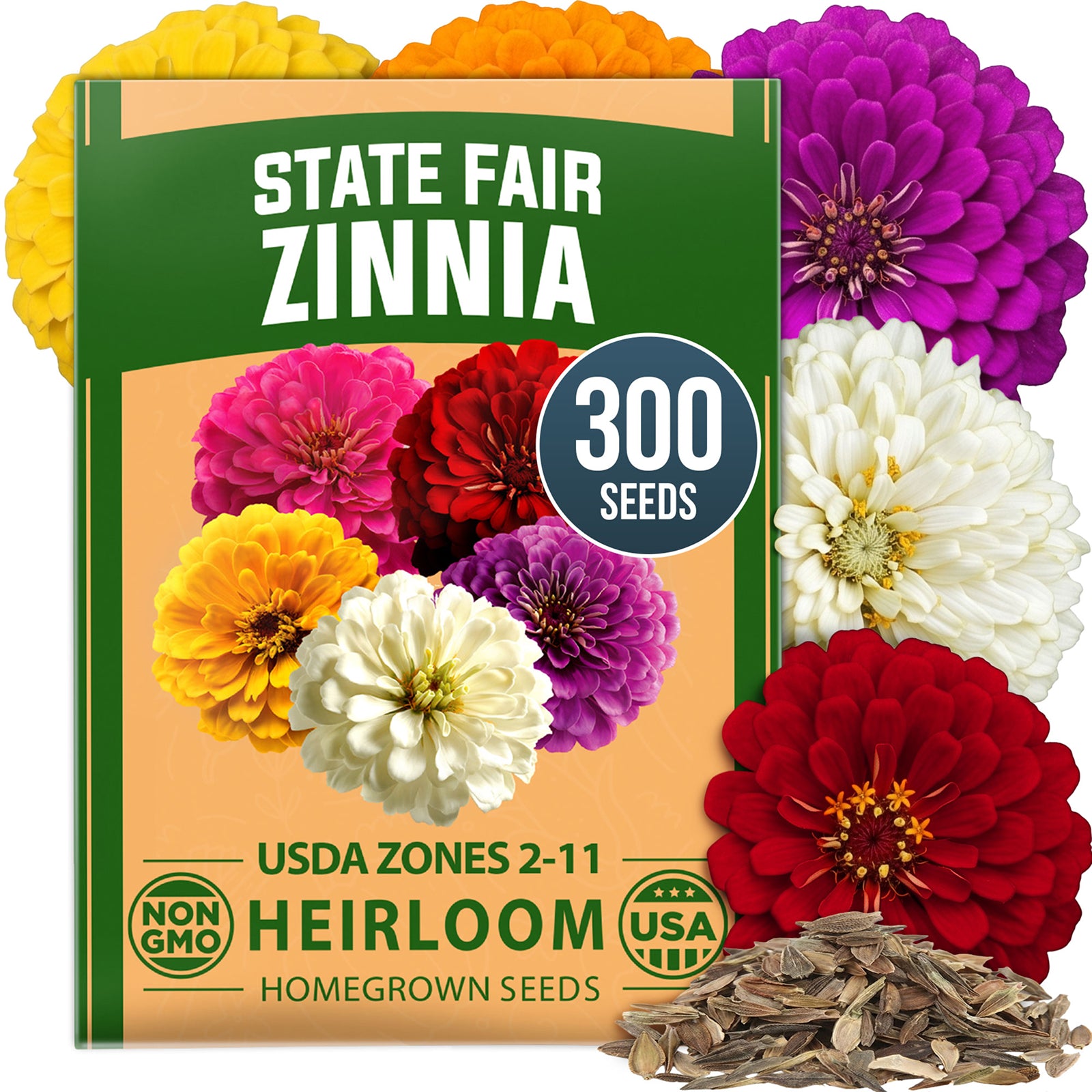 HOME GROWN State Fair Zinnia Seeds (Zinnia Elegans) – 300 Flower Seeds for Planting 2026, 2.3g Bulk, Beds, Borders, Cottage Garden, Pollinator Friendly, Large Double Blooms