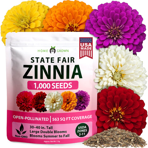 HOME GROWN State Fair Zinnia Seeds – 1,000 Zinnia elegans Seeds (7.5g), Large Double Blooms, Pollinator Friendly, Beds & Borders, Spring 2026