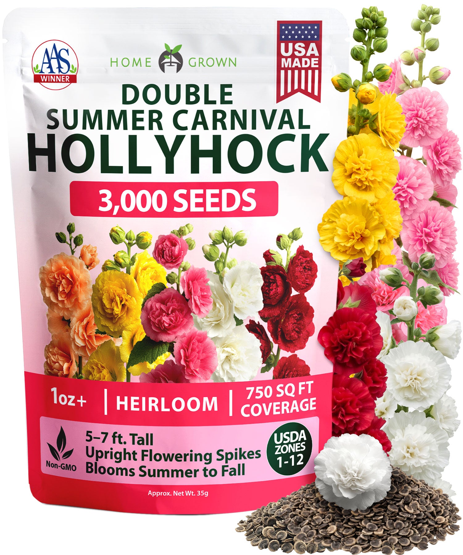 HOME GROWN Hollyhock Summer Carnival Mix Seeds – 3,000 Alcea rosea Flower Seeds, High Germination, Annual Blooms for Gardens & Borders