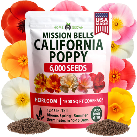 HOME GROWN California Poppy Mission Bells – 6000 Seeds (9g), Spring & Summer Flower Seeds, Drought Tolerant, Eschscholzia californica