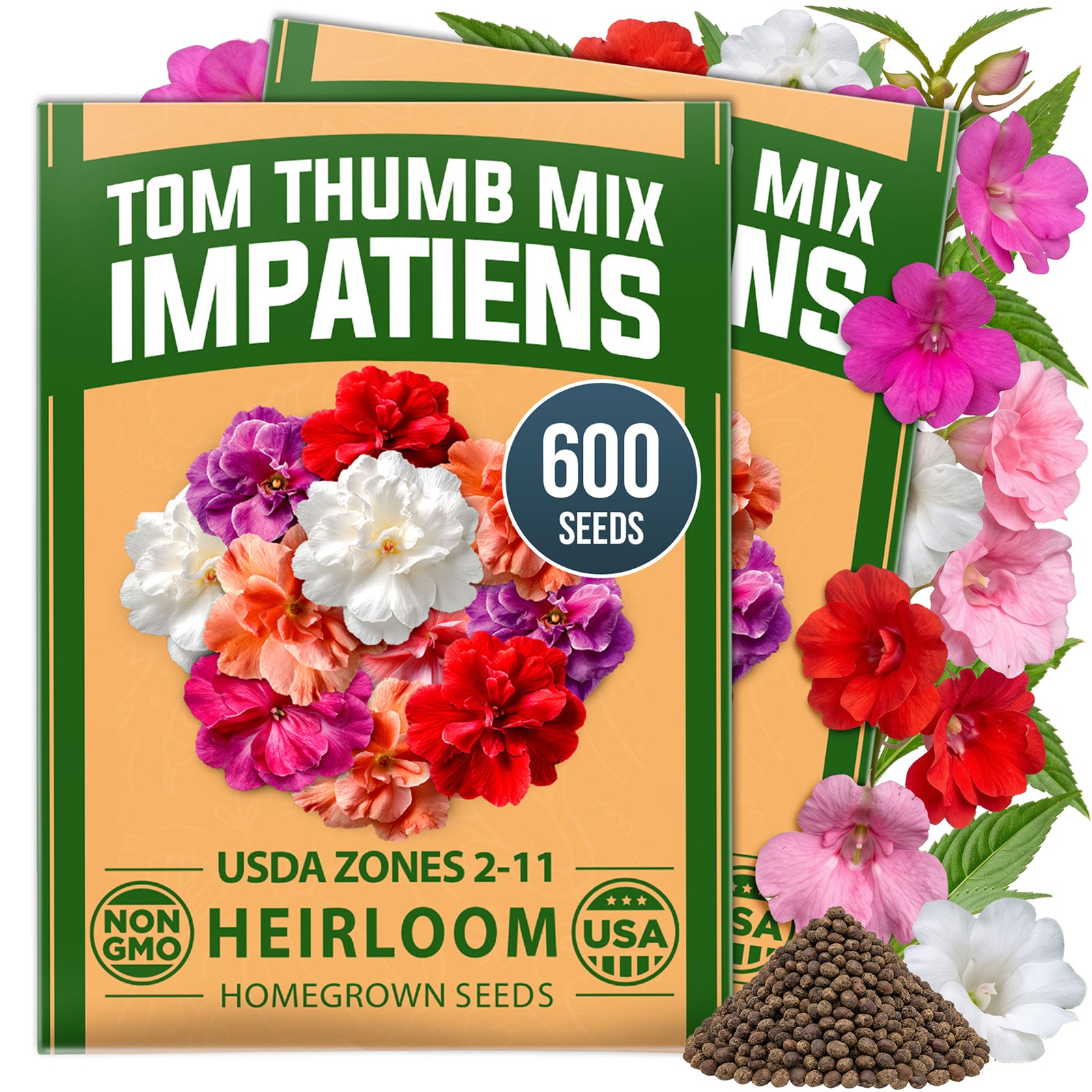 HOME GROWN Impatiens Tom Thumb Mix 600 Flower Seeds, Impatiens balsamina, Heirloom Non-GMO, Double Blooms, 5 Colors (Copy)