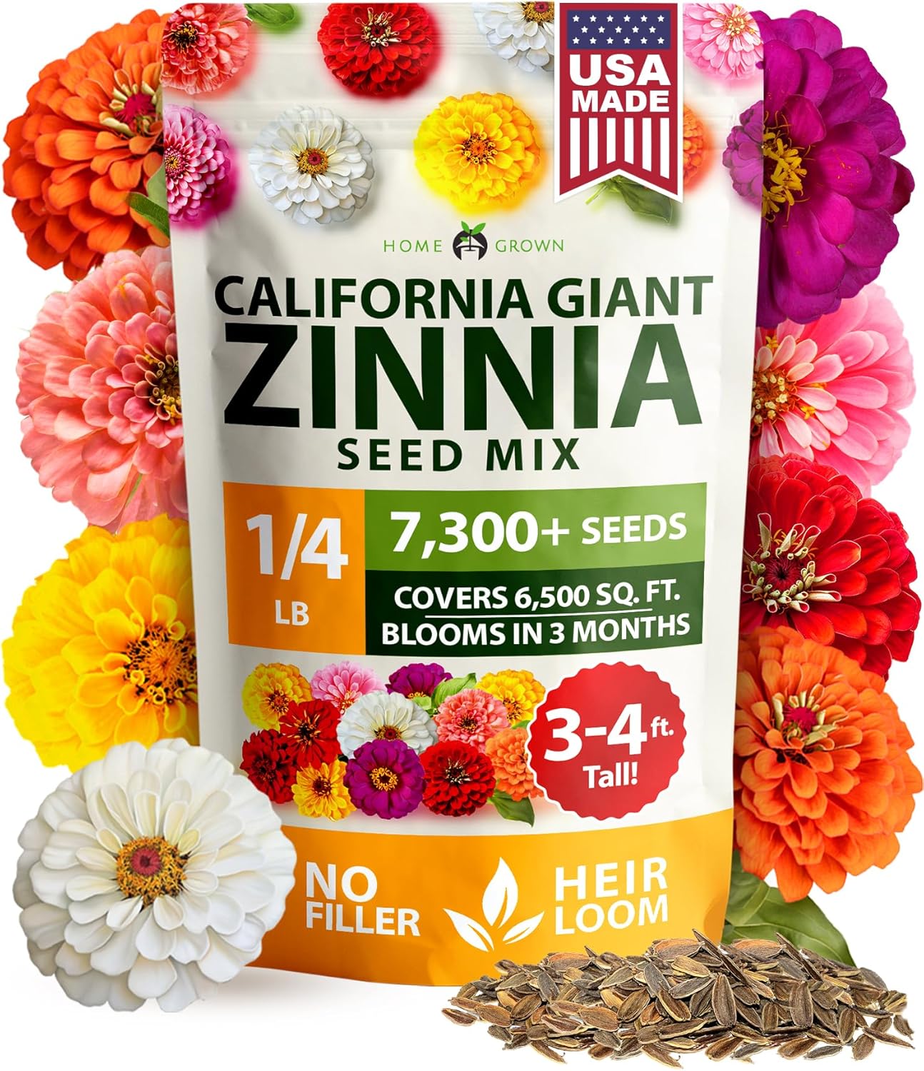 Zinnia California Giant Mix Seeds, 7300+ ct, USA Grown - Homegrown Garden