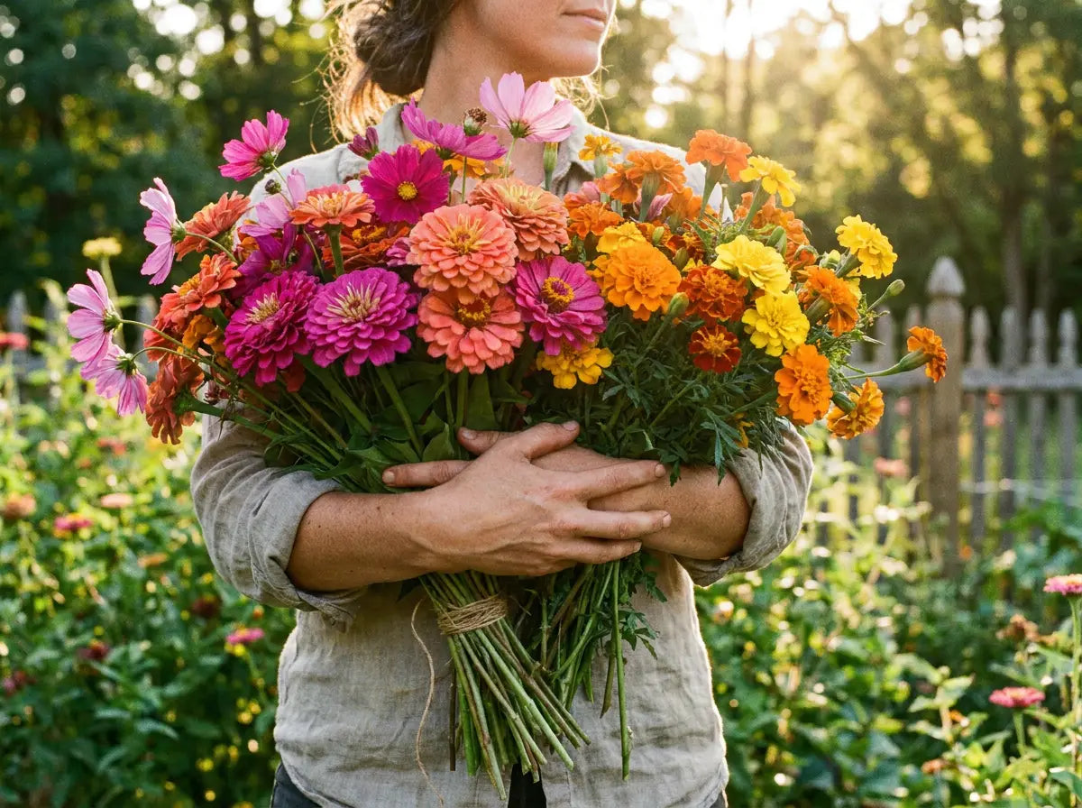 Armful of freshly cut zinnias and cosmos