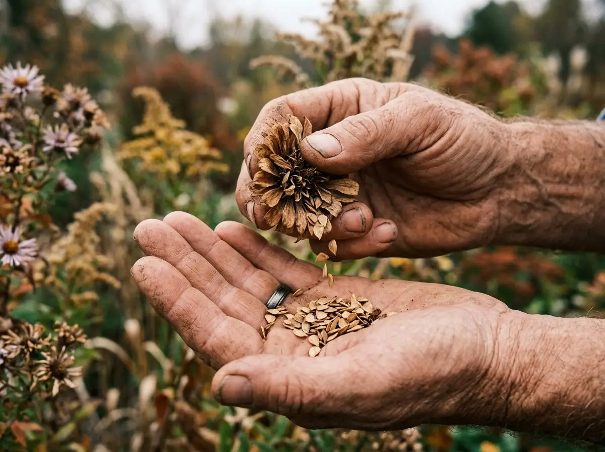 Dried seed head in a palm, seeds spilling out